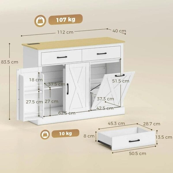 Tilt Out Trash Cabinet with Charging Station, Kitchen Island with Storage, 57 Liter Hidden Rubbish Bin Storage, White