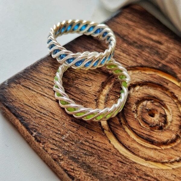 The Colourful Aura 925 Silver Green & Blue Link Chain Stacking Band Adjustable Ring