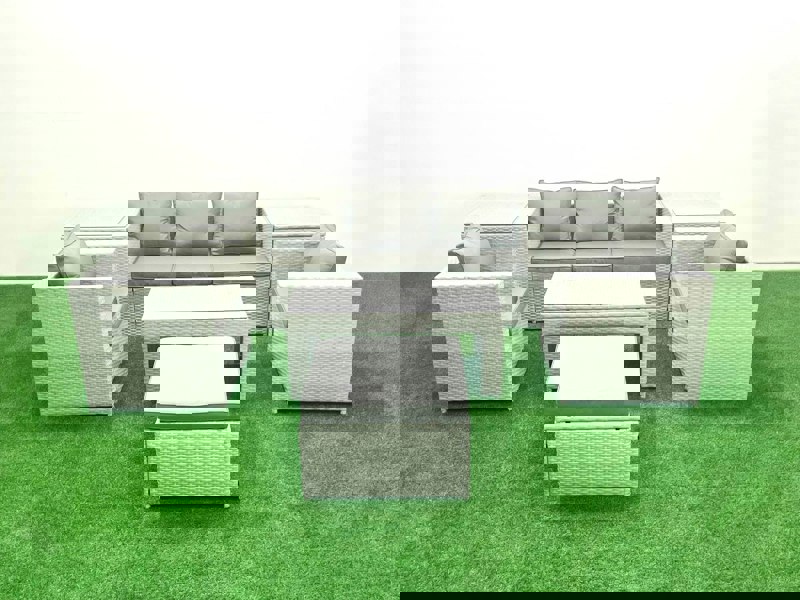 Fimous Rattan Garden Furniture Set 7 Pieces Outdoor Garden Sofa Oblong Coffee Table Set with 2 Chairs 2 Side Tabes Stool Light Grey Mixed