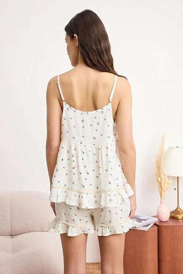 WOVCOR Floral Print Frill Detail Cami Strap Viscose Pyjama Set