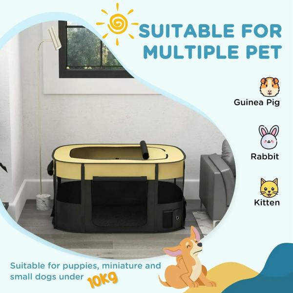 Yellow and black foldable dog playpen with open entry and side panels