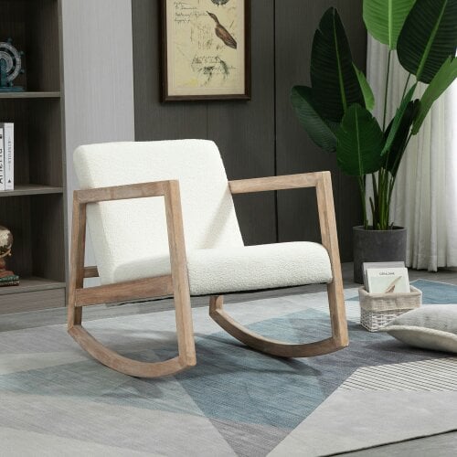 HOMCOM Rocking Chair Upholstered Armchair Wooden Accent Chair Cream - Cream - Rubber Wood, Teddy Fleece (100% polyester), Sponge