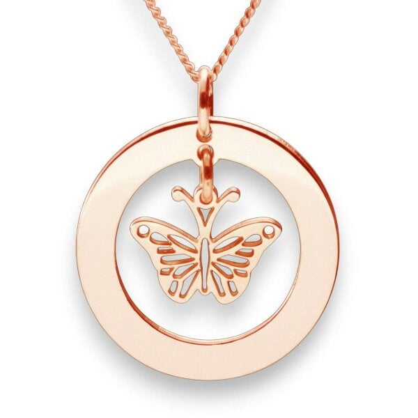 Christopher James of London 9ct Rose Gold Plated Personalised Disc With Hanging Butterfly Pendant Necklace