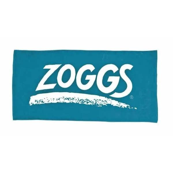 Teal Zoggs swim towel with white logo on quick drying turquoise background