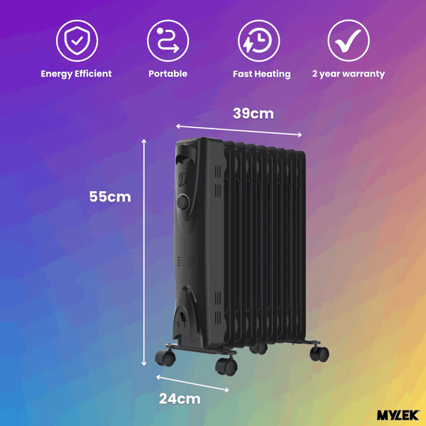 MYLEK Oil Filled Radiator 2000W Portable Heater Thermostat 3 Heat Settings Grey