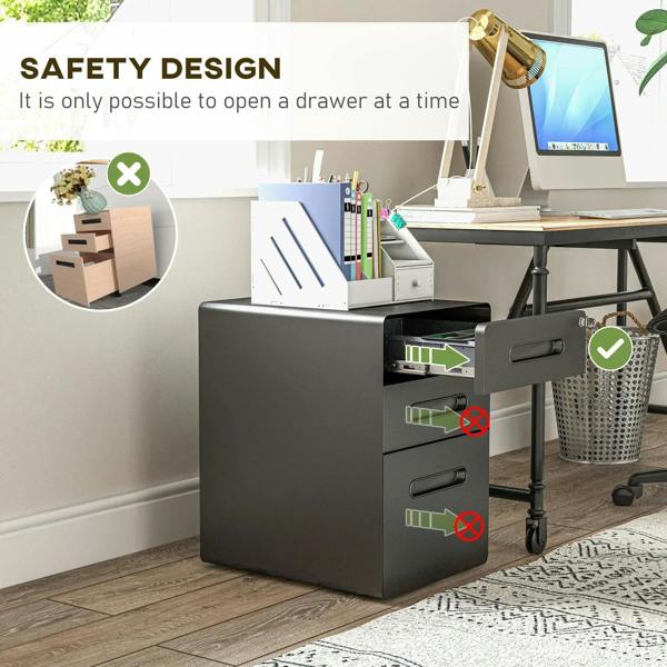 Black file cabinet with locked drawers and safety mechanism preventing multiple openings