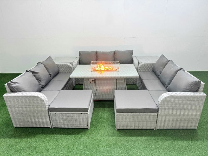 Fimous Rattan Lounge Sofa Set 11 Seater Outdoor Garden Furniture Set with Fire Pit Dining Table 3 Seater Sofa 2 Big Footstools 2 Side Table Light Grey