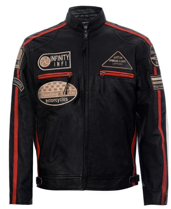 Infinity Leather Mens Racing Moto Badges Biker Leather Jacket