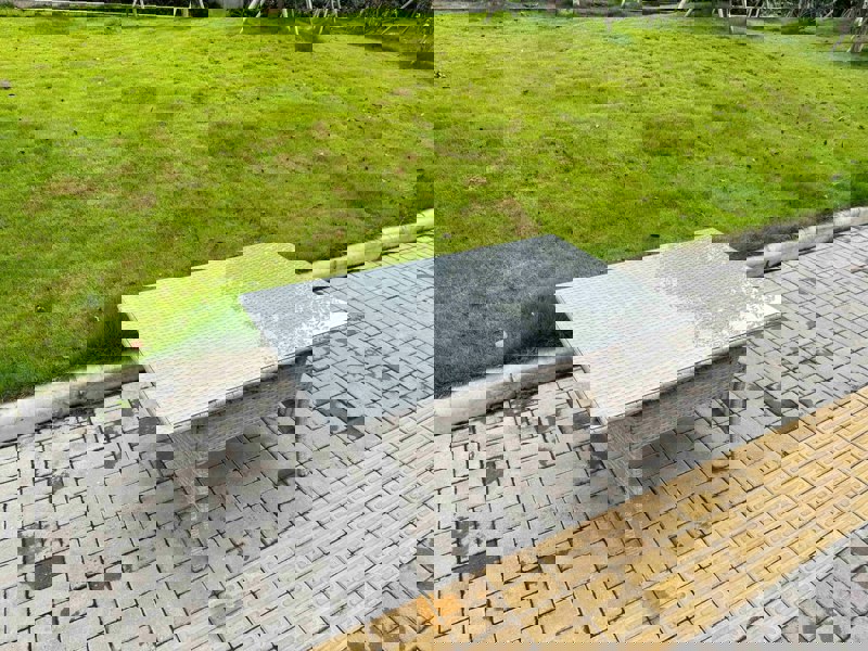 Fimous Light Grey Rattan Outdoor Garden furniture Set Rectangular Table and 6 Chairs Set with Seat Cushion