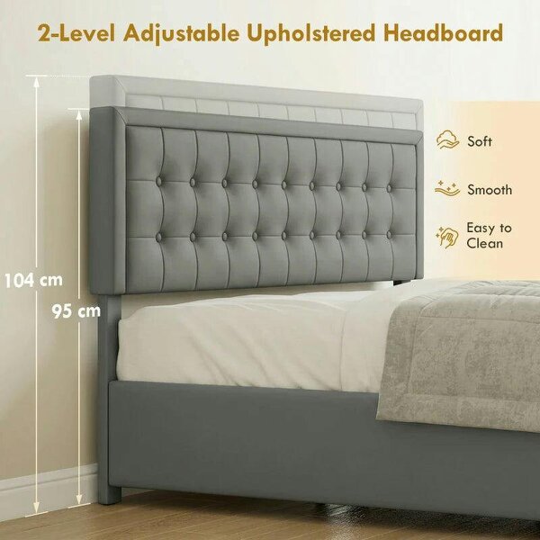 PU Leather King Size Ottoman Bed Frame, with Front Drawer - Grey