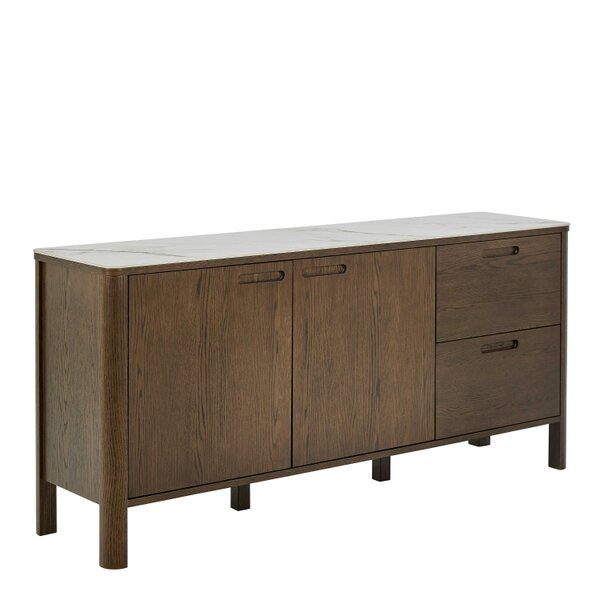 Wyld Haus Cork  Oak Veneer Sideboard with Cream Ceramic Top 2 Doors 2 Drawers