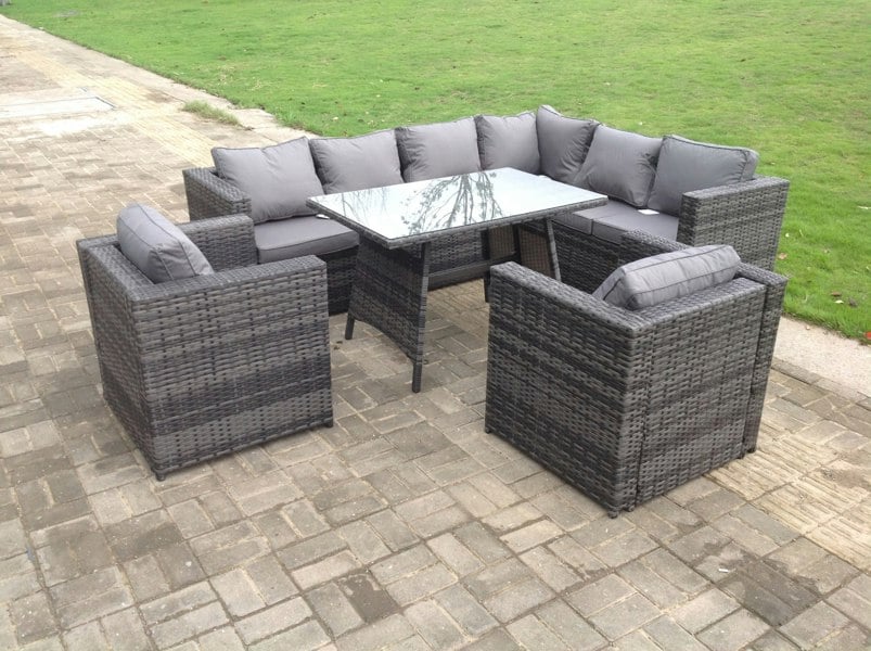 Fimous Rattan Corner Sofa Set Garden Furniture With 2 Chairs And Dining Table Right Hand