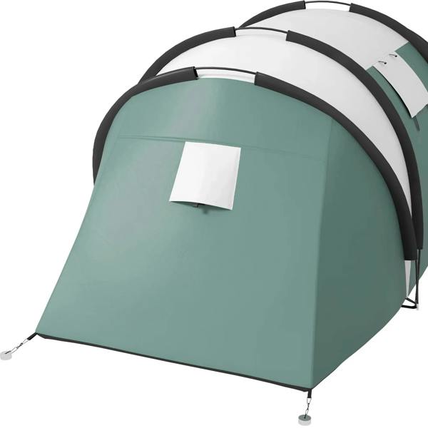 Dark green tent body with white end panels and curved black support poles