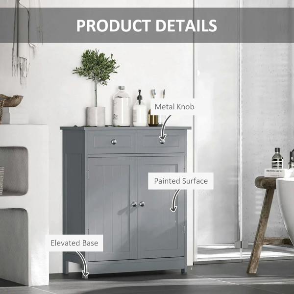Grey bathroom cabinet details: metal knobs, painted surface, elevated base