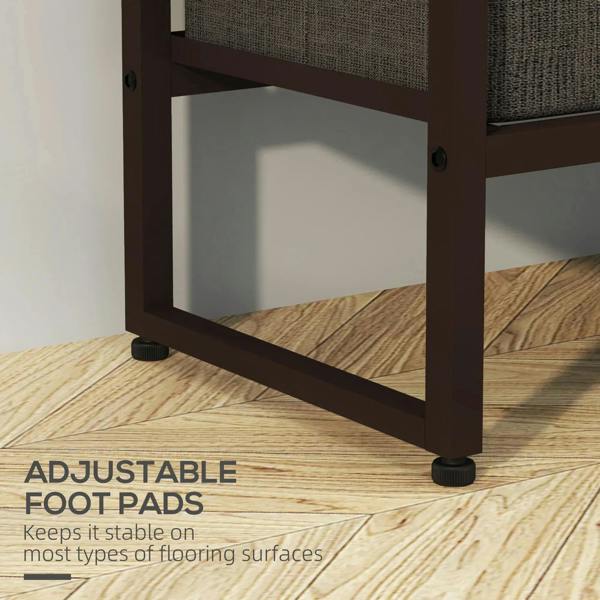 Adjustable foot pads on rustic brown compact clothes rail frame