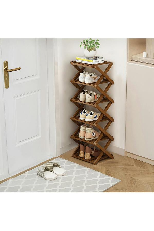Living and Home 6 Tier Bamboo Folding Shoe Rack Shoe Storage Organiser - Walnut