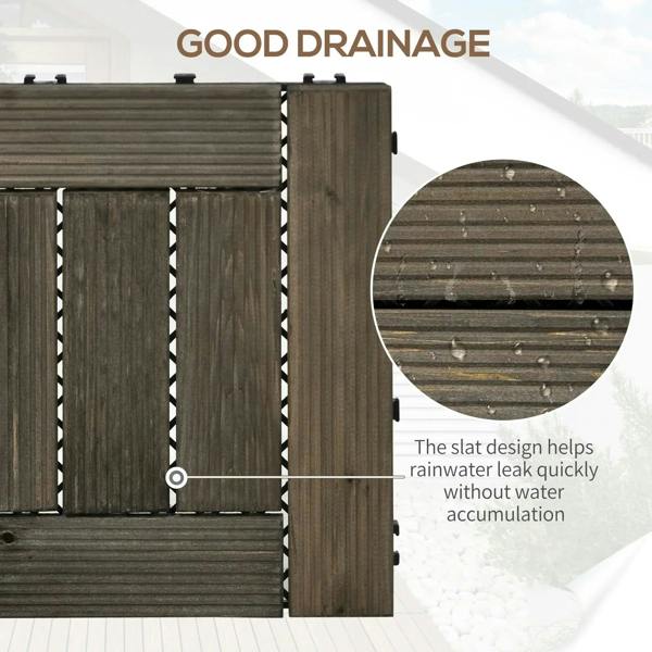 Charcoal grey wooden decking tiles with visible drainage gaps between slats