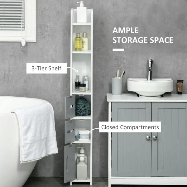 Narrow freestanding cabinet with open shelves and two drawers plus a closed storage door