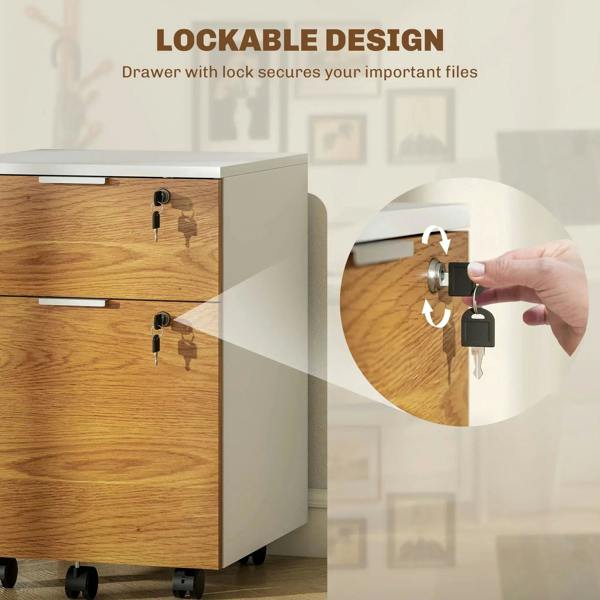 Wood-effect lockable filing cabinet drawer with keyed lock and two drawer fronts