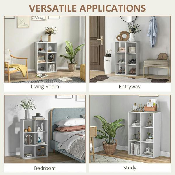 White 6-cube bookshelf with open cubbies for books, plants, and decor
