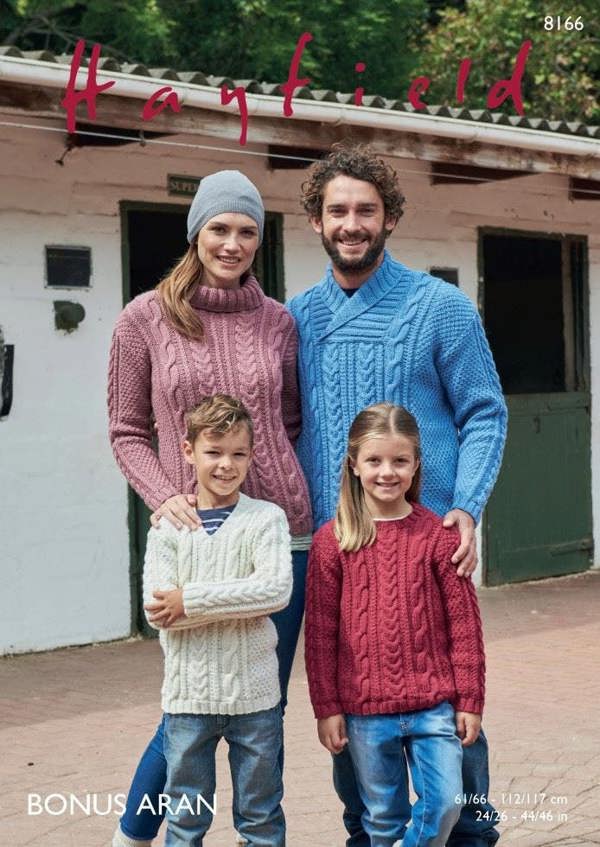 Hayfield Bonus Aran Knitting Pattern 8166, Sweaters for Kids, Men, Women, 24 - 46 Inches & 61 - 117 cm