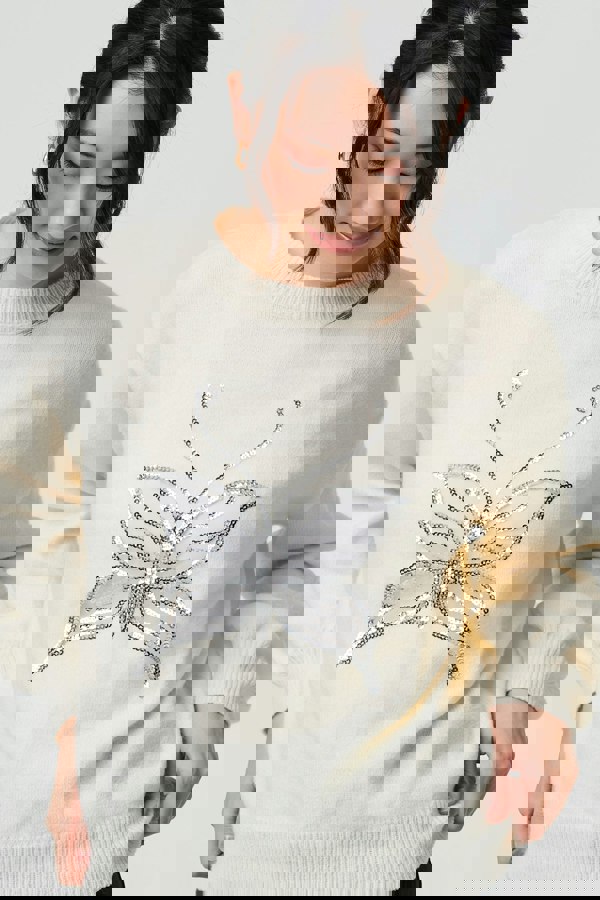 White | Butterfly Embellished Puff Sleeve Jumper
