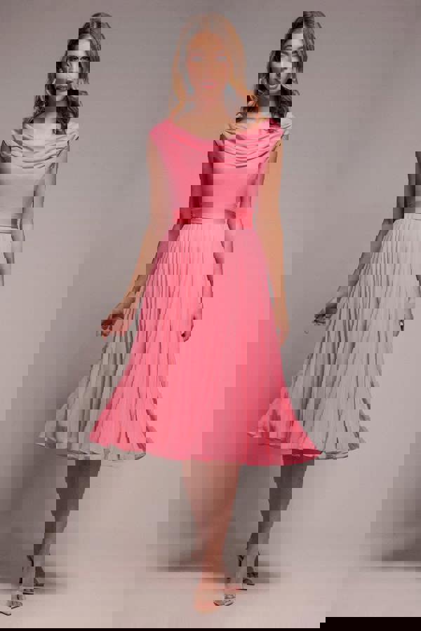 Cowl Neck Pleated A-Line Chiffon Midi Dress - Coral DR4501