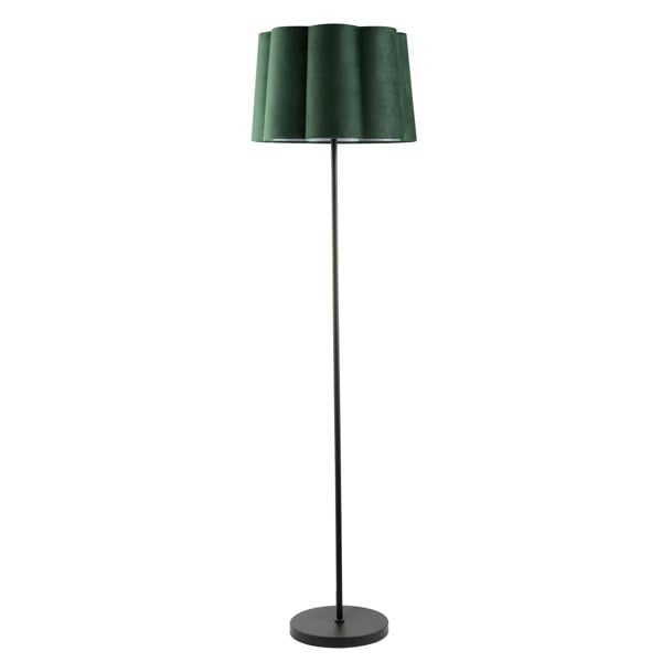 Modern Matte Black Floor Lamp with Forest Green Velvet Scallop Shade Image 1