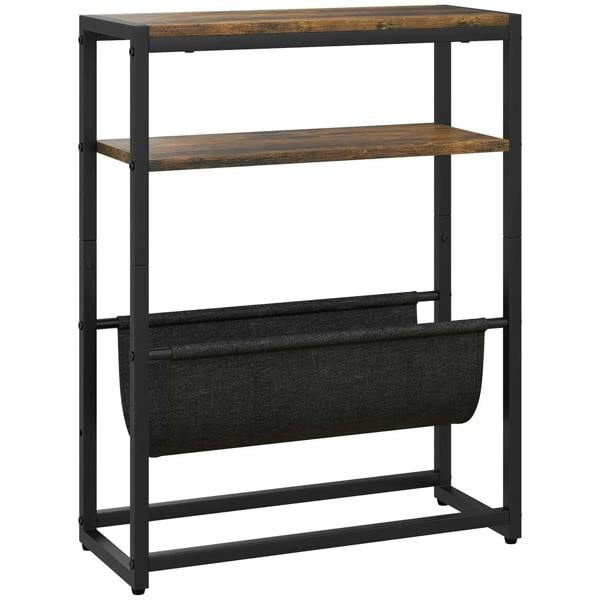 Rustic brown narrow end table with 2 shelves and magazine holder pocket