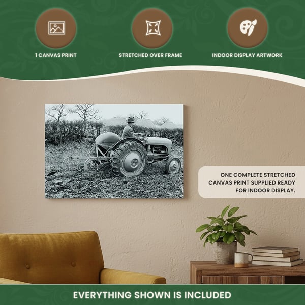 Ferguson TE20 Tractor Ploughing Canvas Picture Print, Circa 1950 Black and White Farm Scene, 60 x 40 cm, Stretched Canvas