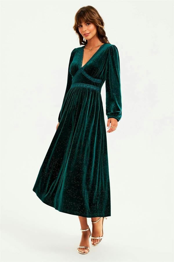 FS Collection Silver Foil Velvet Lace Trim Neckline Midi Dress In Green