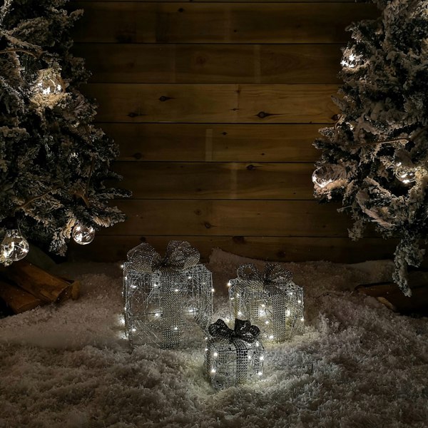 Samuel Alexander Set of 3 Battery Operated Gold Sparkly Christmas Gift Boxes with LEDs