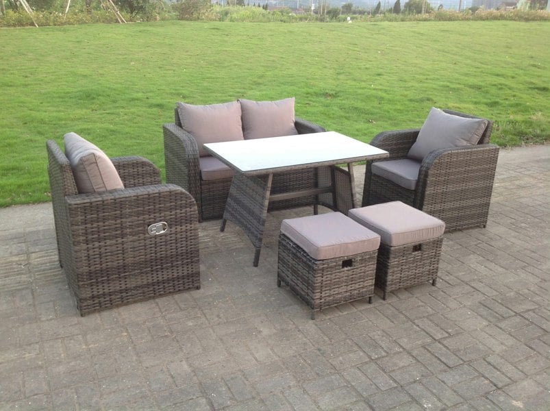 Fimous PE Rattan Garden Furniture Set Adjustable Chair 2 Seater Sofa Double Love Seat Sofa Oblong Dining Table With 2 Stools