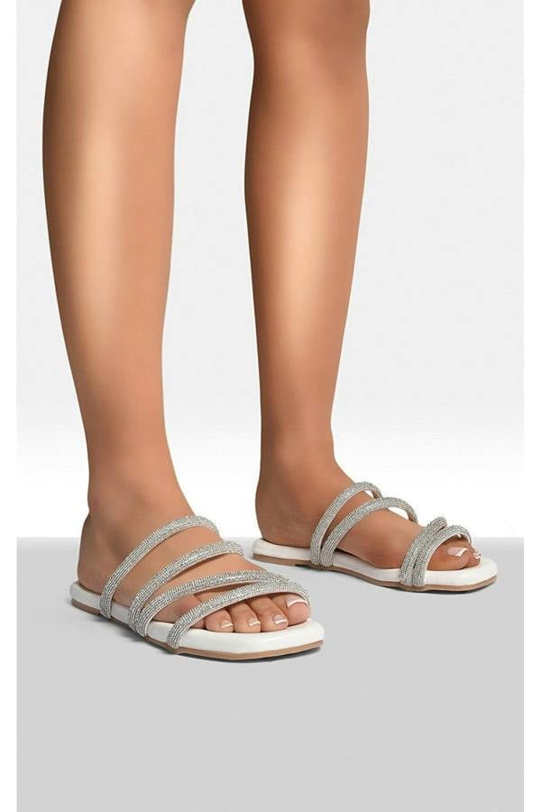 Reya Embellished Asymmetrical Strap Flat Sandals - White