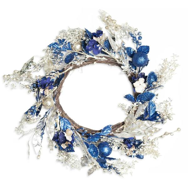 58cm Gold and Blue Baubles Wreath, Artificial PE Christmas Door Decoration image 1