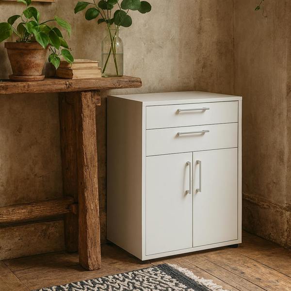 Wyld Haus Dris White Wooden Bookcase 1 Shelf 2 Drawers 2 Doors