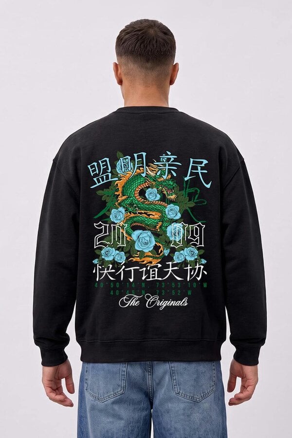 London Attitude Oversized Dragon Graphic Sweatshirt in Black