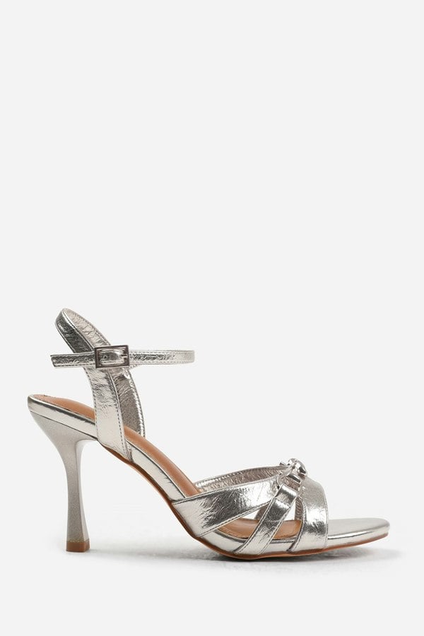 Where's That From Harriet Wide Fit Mid Heels With Metal Detailing in Silver Crease Faux Leather