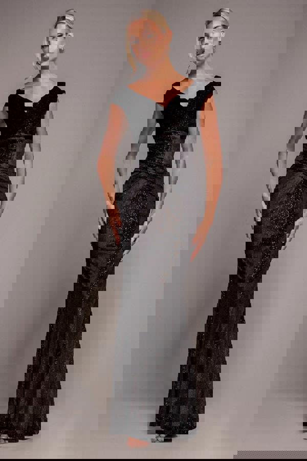 Shimmer Velvet Bardot Maxi Dress - Black Gold DR4643