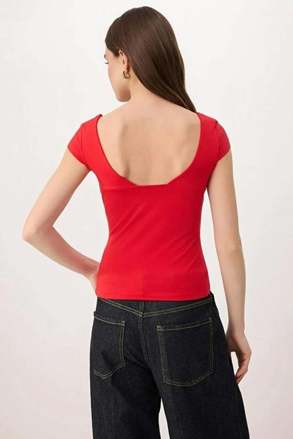 WOVCOR Heart Neckline Fitted Cotton Stretch Knit Blouse