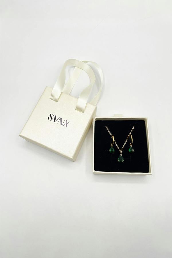 SVNX Rhinestone Teardrop Necklace & Earrings Set in Green - Gift Boxed