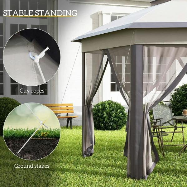 Beige gazebo with mesh curtains, guy ropes, and ground stakes for stability