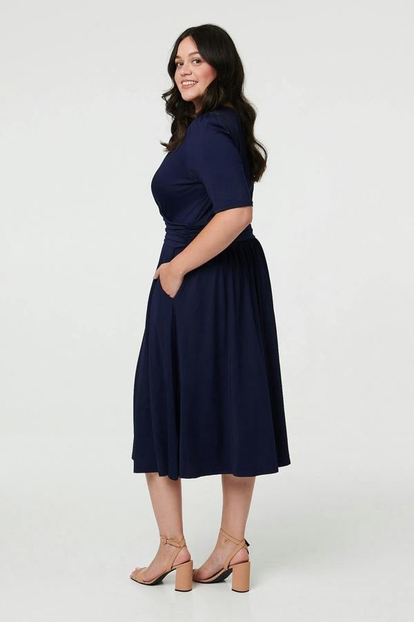 Navy | Curve Ruched Waist Faux Wrap Midi Dress