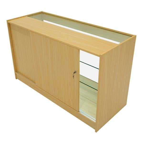 Vega LED Shop Counter Set in maple finish, featuring sliding doors, glass display shelves, and a sleek modern design for retail spaces