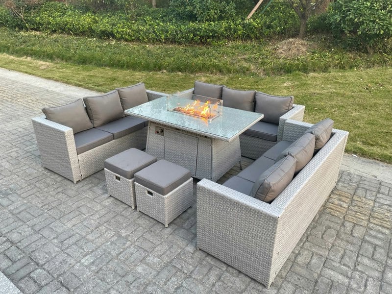 Fimous Light Grey U Shape Lounge Sofa Dining Set With Gas Heater Fire Pit Burner 2 PC Small Footstool