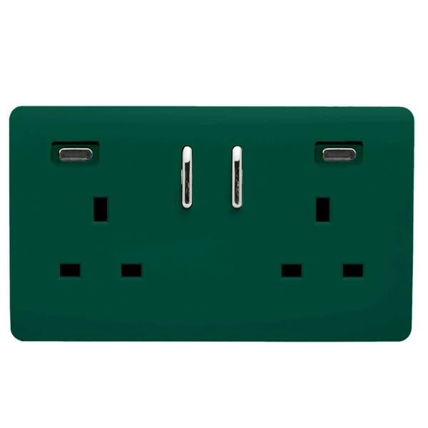Trendi Switch 2 Gang USB 65W Type C USB Plug Socket in Dark Forest Green