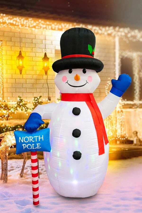 1.8m to 2.4m Inflatable Waving Snowman with North Pole Sign Board, Pre-Lit White LED Lights image 1