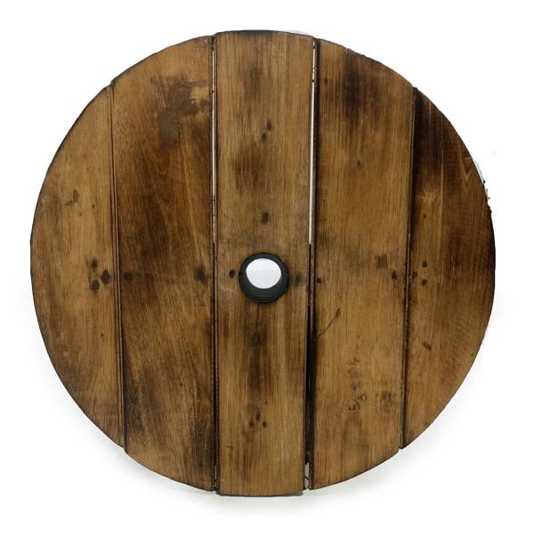 Round wooden base with dark metal details and central cap on barrel table