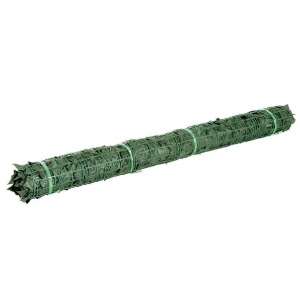 Rolled dark green artificial leaf hedge privacy fence panel with mesh backing