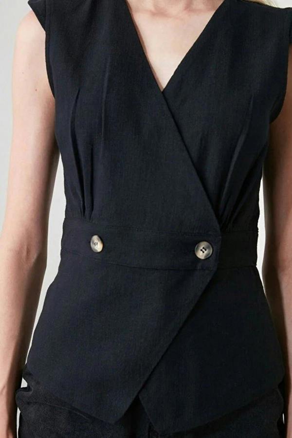 WOVCOR Double-Breasted Woven Blouse with Bone Button Detail